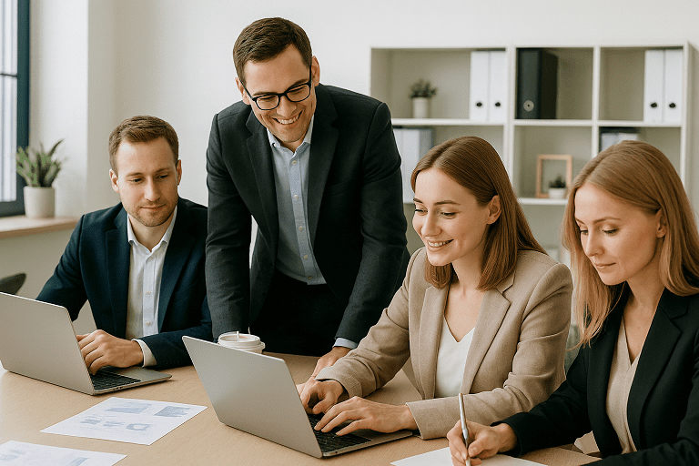 Equipo de trabajo utilizando gestión de promociones bancarias