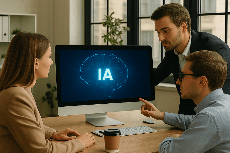 Personas trabajando frente a un monitor mostrando la importancia de la inteligencia artificial aplicada a la gestión de procesos.