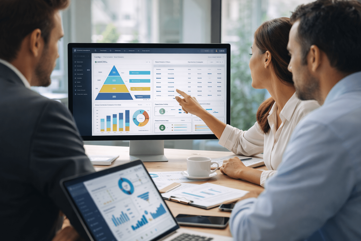 Equipo bancario analizando dashboard de beneficios bancarios y niveles de fidelización como producto estratégico.