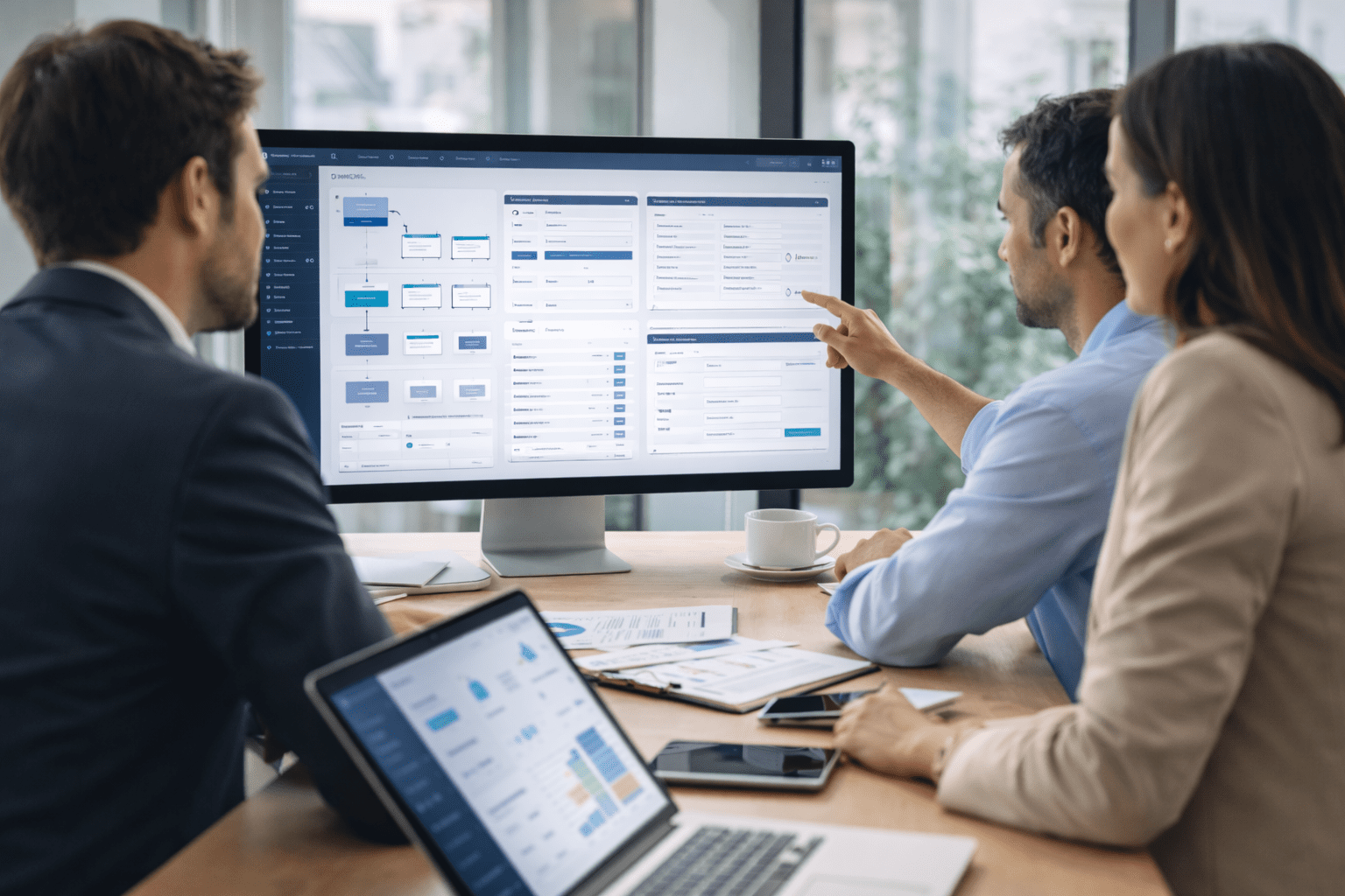 Equipo empresarial revisando sistema digital durante el proceso de adopción de la tecnología en una empresa corporativa.