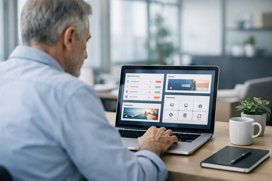 ersona navegando en su laptop por el portal de cliente bancario.