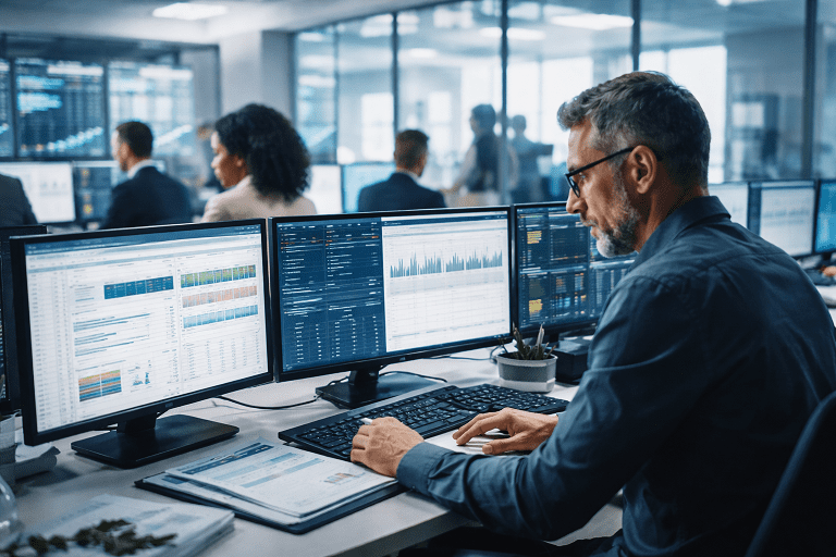 Back office bancario con equipo revisando procesos y tableros operativos.
