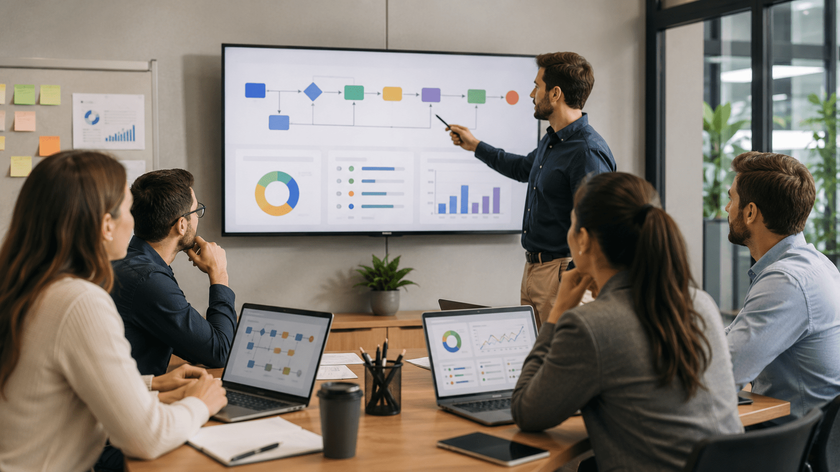 Equipo analizando dashboards y flujos de trabajo para mejorar la trazabilidad de procesos en una reunión corporativa.
