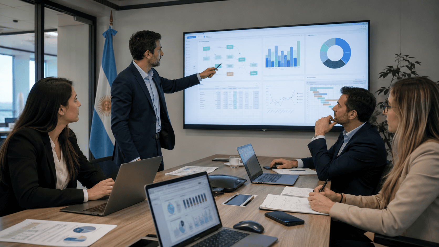 Equipo bancario analiza cómo adaptar los procesos bancarios ante cambios del mercado.