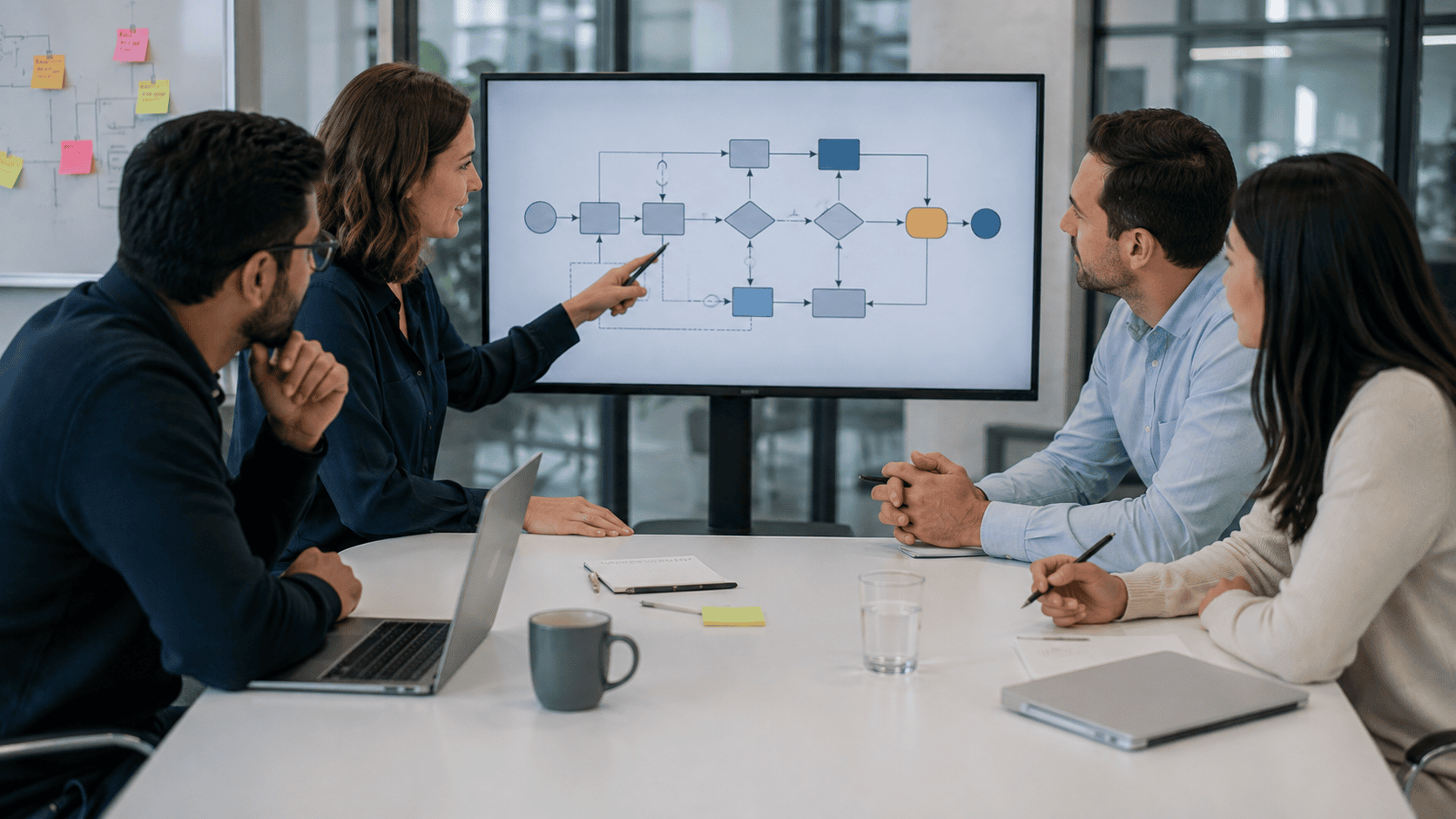 Equipo de trabajo analizando un flujo digital en pantalla durante una reunión sobre automatización de procesos con IA.