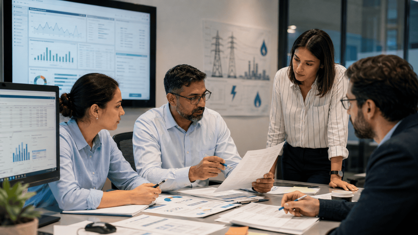 Equipo analizando datos de facturación ante cambios regulatorios en utilities.