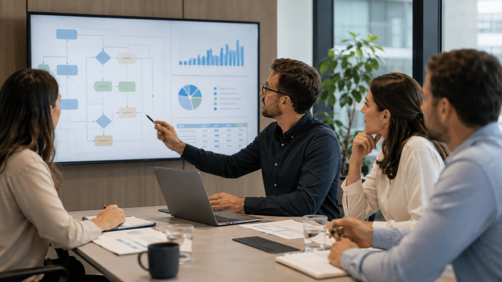 Equipo de trabajo en una reunión corporativa analizando procesos, datos y oportunidades para la implementación de inteligencia artificial en empresas.